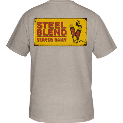 Steel Blend T-Shirt with a back graphic of shells on a distressed metal sign, featuring a Drake logo pocket on the front.