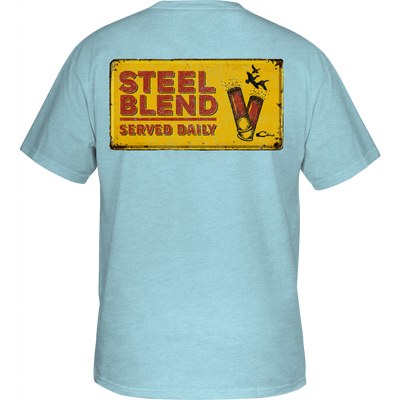 Steel Blend T-Shirt featuring a distressed metal sign with graphic shot shells on the back, part of Drake Waterfowl’s Logo Series.