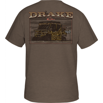 Mud Cart T-Shirt featuring a Drake logo on the front pocket and a camouflage-painted military vehicle graphic on the back.