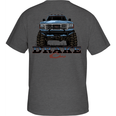 Monster Truck T-Shirt featuring a blue truck graphic, crafted from a soft cotton-polyester blend, includes a Drake logo on the front pocket.