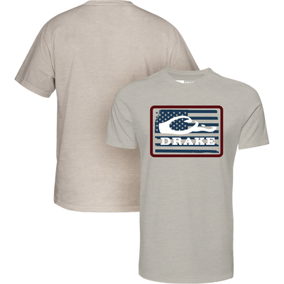 Americana Drake Patch T-Shirt featuring a distressed American-flag fish graphic on the front and a plain back, made from lightweight cotton-polyester blend.