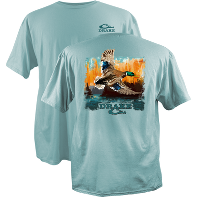 Watercolor Mallard T-Shirt featuring a small front Drake logo and a large back illustration of a flying mallard duck, crafted from soft 100% cotton.