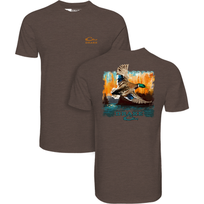 Watercolor Mallard T-Shirt features a small left chest Drake logo and a large back graphic of a mallard duck against an abstract background.