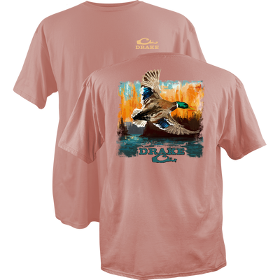 Watercolor Mallard T-Shirt featuring a small Drake logo on the front and a large mallard duck graphic on the back, crafted from soft, garment-washed cotton.