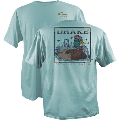 Mallard Bow Tie Cotton T-Shirt featuring a front gold Drake logo and a back illustration of a dapper mallard in a marsh with flying ducks.