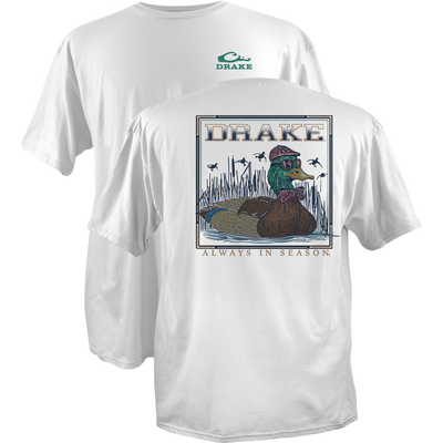 Mallard Bow Tie Cotton T-Shirt featuring a small Drake logo on the front, and a humorous mallard graphic with Always in Season text on the back.