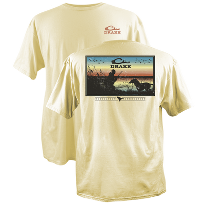 Dedication Innovation T-Shirt featuring a distressed-style duck hunting scene on the back, with a small Drake logo on the front, made from soft garment-washed cotton.