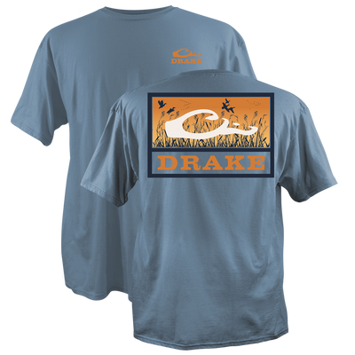 Marsh Flight T-Shirt featuring a small front Drake logo and a back graphic with marsh grasses, ducks, and Drake logo, crafted from soft cotton.