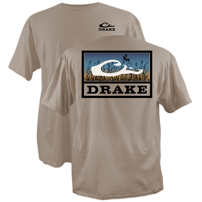 Marsh Flight T-Shirt featuring Drake logo on chest, large marsh scene with flying ducks and Drake swoosh on back, crafted from soft, garment-washed cotton.