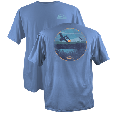 Marsh Scenic Cotton T-Shirt showcasing front logo and back wetland sunset graphic with flying waterfowl, blending lightweight comfort and durability with a 60/40 cotton-polyester mix.