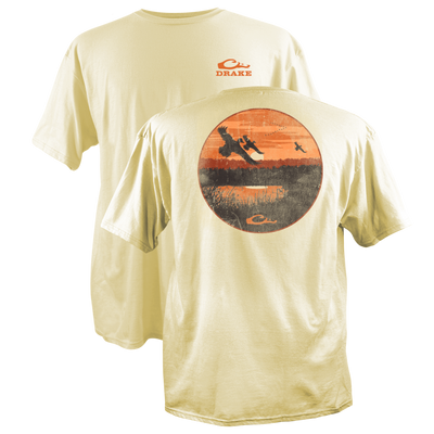 Marsh Scenic Cotton T-Shirt; front logo, back sunset graphic with waterfowl, crafted from durable 60% cotton, 40% polyester blend for lightweight comfort.