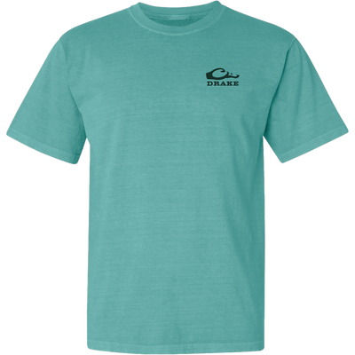 Waterfowl Lab T-Shirt featuring a stylized fish logo and DRAKE text on the chest. Made from 100% cotton for comfort, part of Drake’s signature casual apparel line.