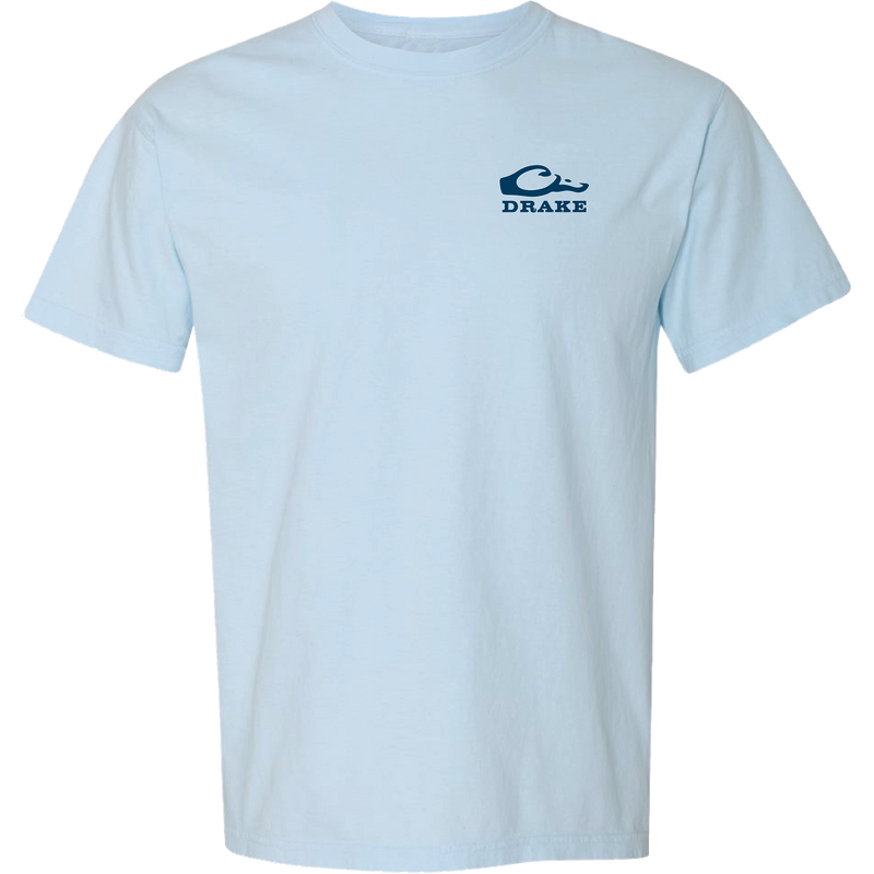 Morning Mallard T-Shirt features a small Drake logo on the front chest, showcasing a watercolor Mallard at sunrise graphic; crafted from 100% cotton for comfort.