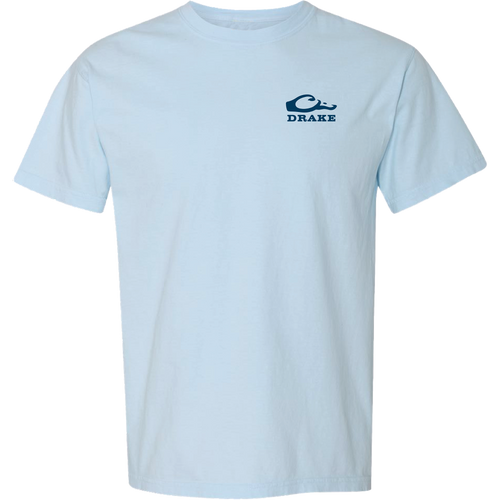 Morning Mallard T-Shirt features a small Drake logo on the front chest, showcasing a watercolor Mallard at sunrise graphic; crafted from 100% cotton for comfort.