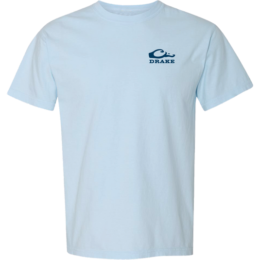 Morning Mallard T-Shirt features a small Drake logo on the front chest, showcasing a watercolor Mallard at sunrise graphic; crafted from 100% cotton for comfort.