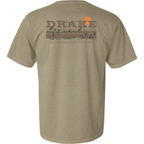 Back of the Take Flight T-Shirt featuring the Drake Waterfowl logo, orange sun, and ducks in flight across a marsh, highlighting outdoor hunting themes.