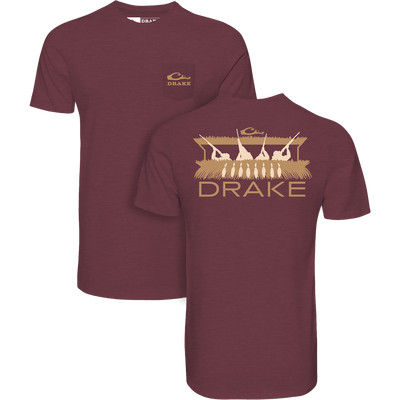 Blind Bust T-Shirt with Drake logo on chest, featuring duck silhouettes in a blind graphic on back; designed for comfort and durability in outdoor or casual settings.