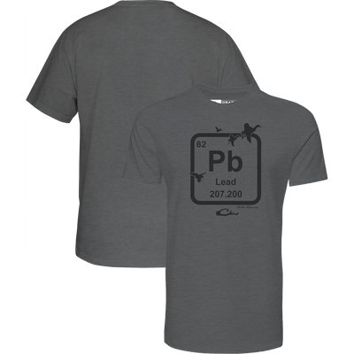 Charcoal-gray PB Lead T-Shirt featuring Pb element design with flying ducks, ideal for hunters, crafted from a soft cotton-polyester blend for all-day comfort.
