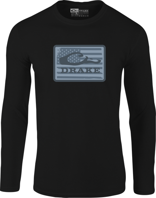 Graphic Work Long Sleeve T-Shirt showcasing the Drake Work Logo, crafted from a soft cotton-polyester blend, highlighting comfort and durability for outdoor enthusiasts.