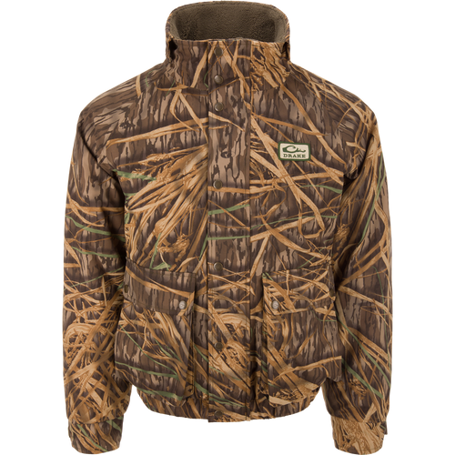 Throwback 80 Insulated Sport Bomber Jacket with camouflage pattern, high collar, snap pockets, and Drake patch, designed for warmth and protection during hunting activities.