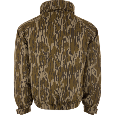 Throwback 80 Insulated Sport Bomber Jacket, camouflage-patterned, shown on a mannequin, features elasticized hem and cuffs, high collar, designed for warmth and functionality.
