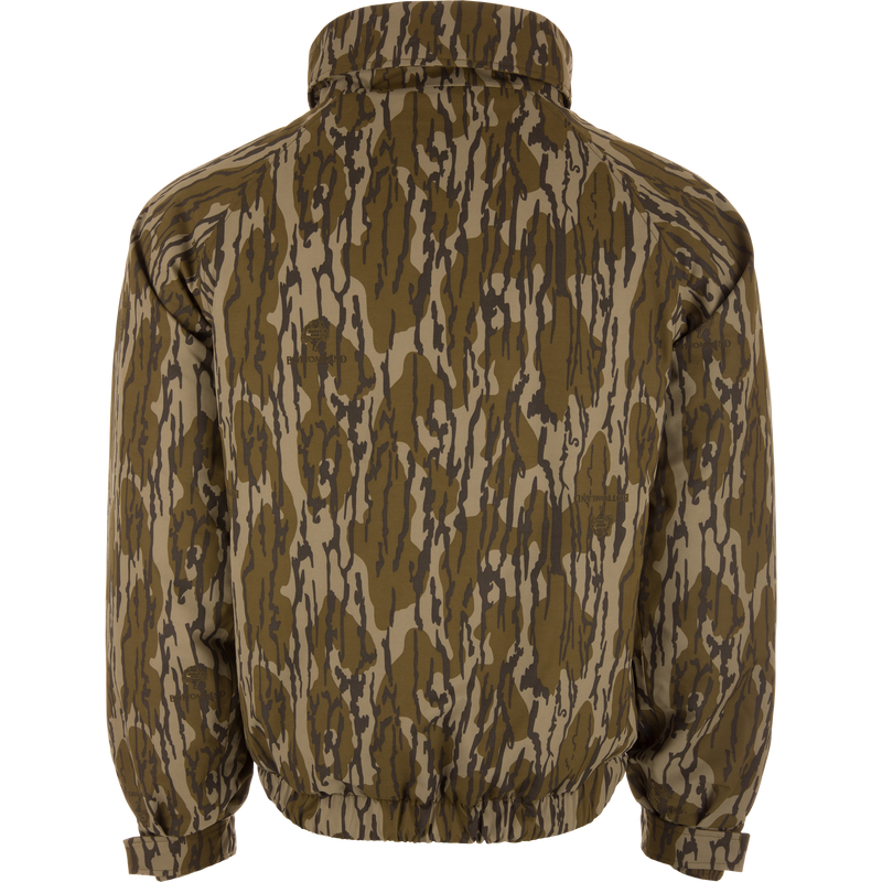 Throwback 80 Insulated Sport Bomber Jacket, camouflage-patterned, shown on a mannequin, features elasticized hem and cuffs, high collar, designed for warmth and functionality.