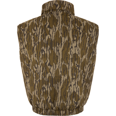 Throwback 80 Sport Vest from Drake Waterfowl, featuring a camouflage pattern, stand-up collar, elastic waistband, and large accessory pockets, ideal for outdoor adventures.