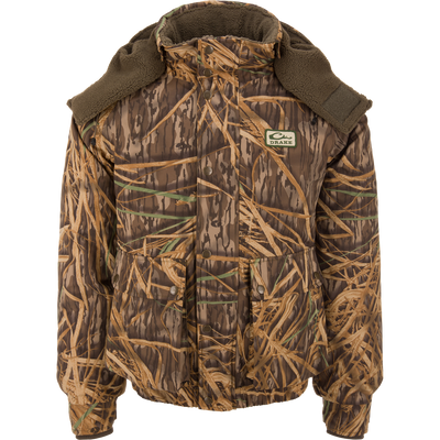 Throwback 80 Sport 3-in-1 Jacket with camouflage, insulated lining, removable fleece hood, large pockets, and elastic cuffs, ideal for versatile hunting and outdoor activities.