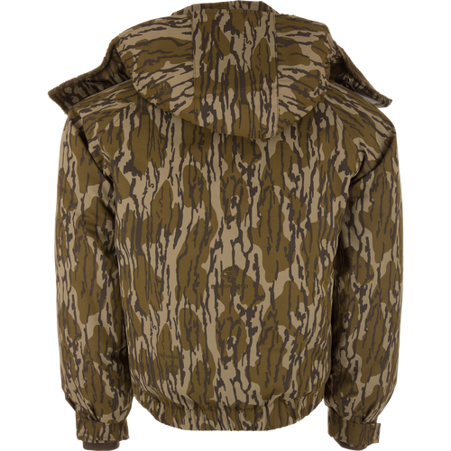 Back view of the Throwback 80 Sport 3-in-1 Jacket with a tiger-stripe camo pattern, featuring a hood, ribbed cuffs, and hem for versatile all-weather protection.
