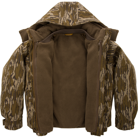 Throwback 80 Sport 3-in-1 Jacket with camouflage print, featuring a removable hood, large pockets, exposed fleece lining, ideal for versatile, weather-resistant outdoor adventures.