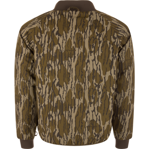 Throwback 80 Sport 3-in-1 Jacket, featuring a woodland camo pattern with rib-knit trim, ideal for outdoor activities, showcasing the Bottomland logo and tree emblem.