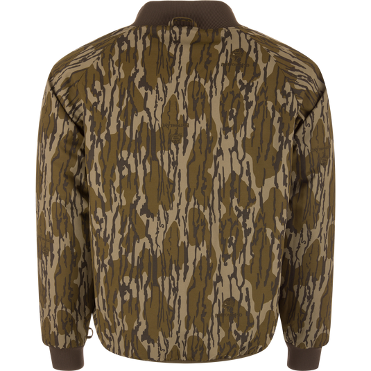 Throwback 80 Sport 3-in-1 Jacket, featuring a woodland camo pattern with rib-knit trim, ideal for outdoor activities, showcasing the Bottomland logo and tree emblem.