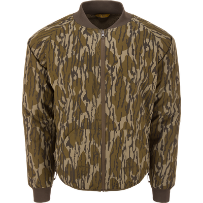 Throwback 80 Sport 3-in-1 Jacket, camouflage bomber with zip-front, ribbed cuffs, and collar. Features include removable hood, large pockets, and sherpa fleece lining.