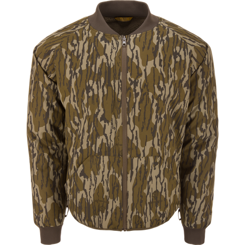 Throwback 80 Sport 3-in-1 Jacket, camouflage bomber with zip-front, ribbed cuffs, and collar. Features include removable hood, large pockets, and sherpa fleece lining.
