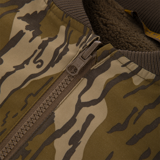 Close-up of Throwback 80 Sport 3-in-1 Jacket featuring tiger-stripe camo, YKK zipper, rib-knit collar, and fleece lining for warmth and weather protection.