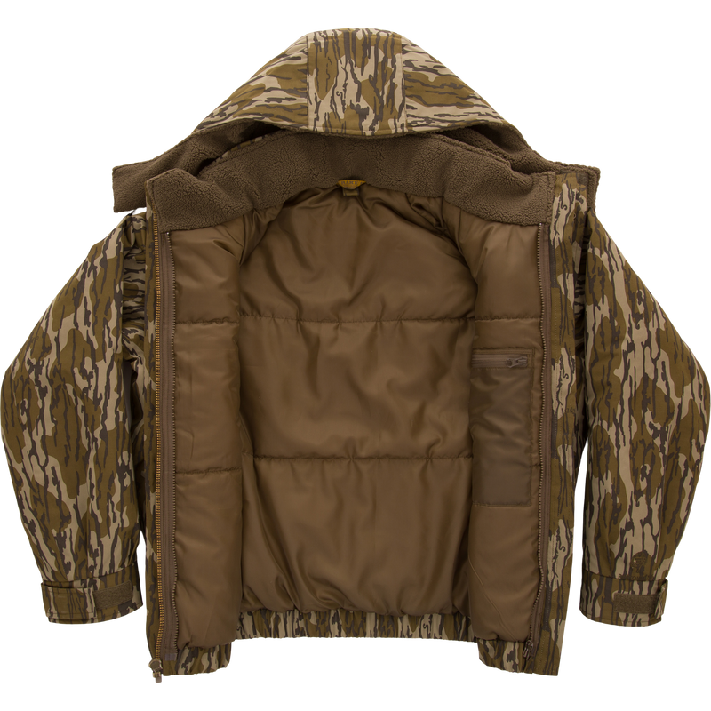 Throwback 80 Sport 3-in-1 Jacket featuring a camouflage pattern, quilted brown lining, fleecy hood, and interior zip-pocket, designed for all-weather outdoor adventures.