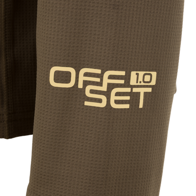Close-up of BMF EST Offset 1.0 Crew, featuring brown waffle-knit fabric with partial yellow OFFSET 1.0 lettering, highlighting its performance-focused design for comfort and protection.