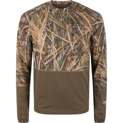 BMF EST Offset 1.0 Crew: Long-sleeve, camo performance shirt with moisture-wicking and UPF 50, featuring Drake and OnX logos, ideal for hunting comfort.