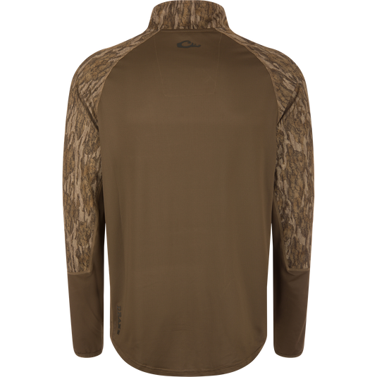 Back view of the EST Offset 1.0 Half Zip Pullover, featuring bark-style camouflage on shoulders, ergonomic thumbholes, and a small logo near the hem.