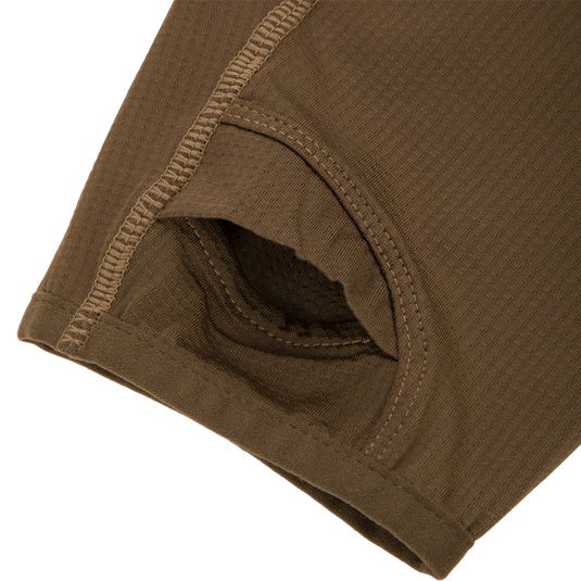 Close-up of the EST Offset 1.0 Half Zip Pullover, highlighting its waffle-knit texture and reinforced stitching, designed for comfort and performance in hunting and outdoor activities.