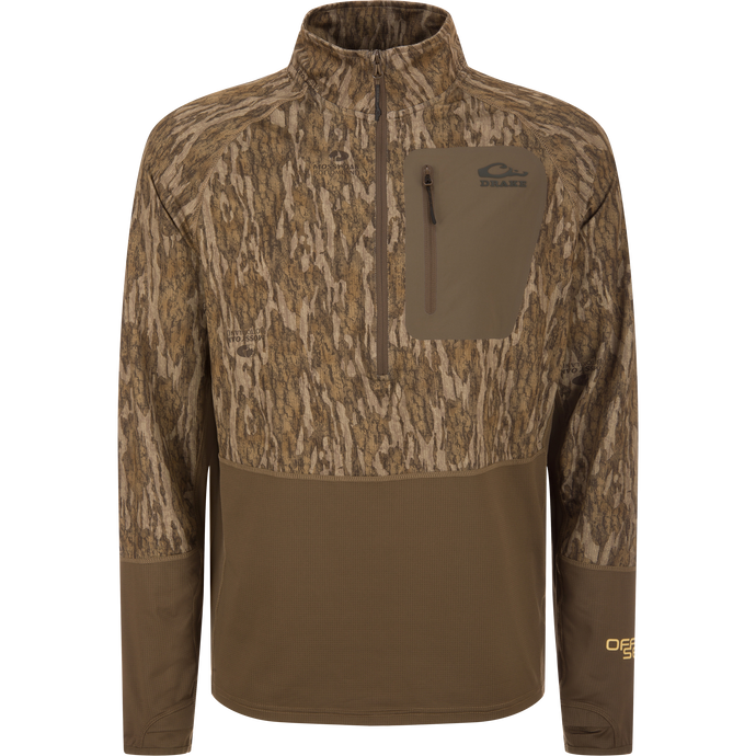 EST Offset 1.0 Half Zip Pullover in camo pattern, featuring quarter-zip, chest pocket, ergonomic thumbholes; ideal for hunting with comfort and breathability.