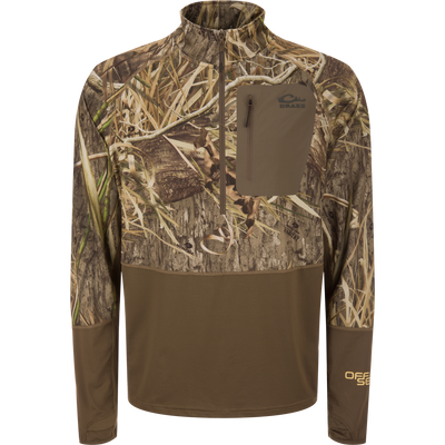 EST Offset 1.0 Half Zip Pullover in Mossy Oak Habitat camo with Drake logo, thumb-slot cuffs, and zippered chest pocket, designed for hunting concealment and comfort.