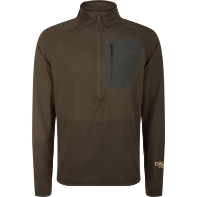 EST Offset 1.0 Half Zip Pullover with zippered chest pocket, ergonomic thumbholes, and grid-textured knit for comfort. Ideal for outdoor activities with cooling and moisture-wicking features.