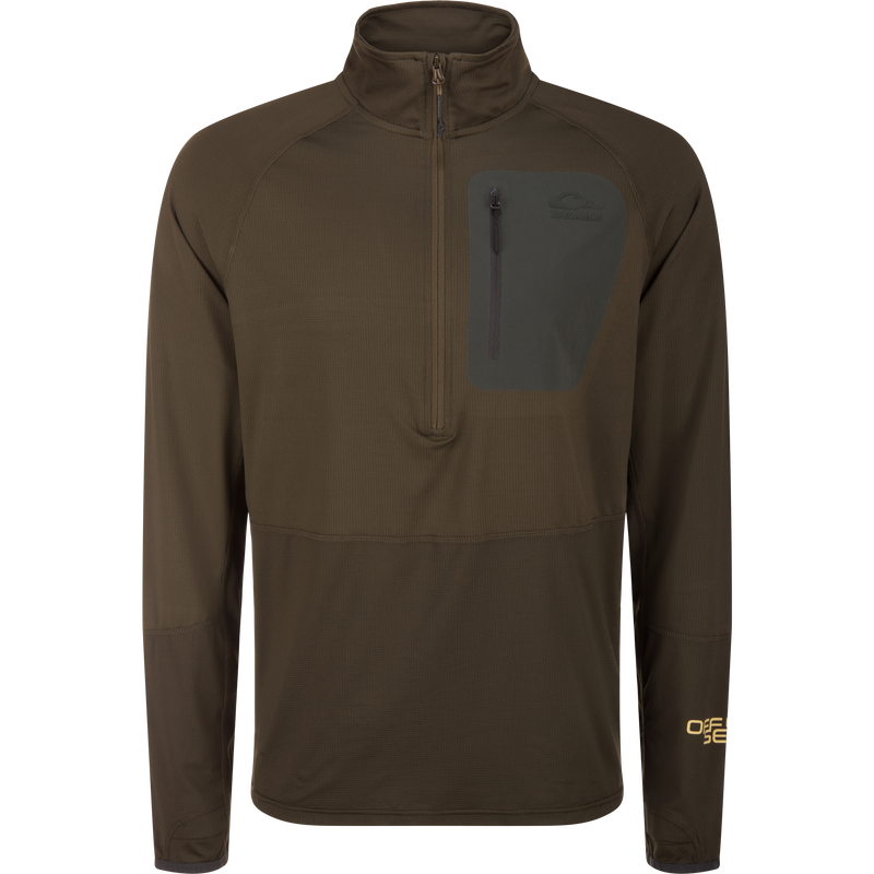 EST Offset 1.0 Half Zip Pullover with zippered chest pocket, ergonomic thumbholes, and grid-textured knit for comfort. Ideal for outdoor activities with cooling and moisture-wicking features.