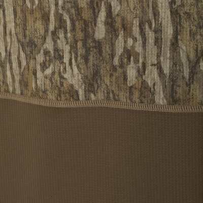 Close-up of the BMF EST Offset Quarter Zip Hoodie's camo-patterned, waffle-knit fabric, showcasing reinforced seams and ergonomic design for performance and comfort.
