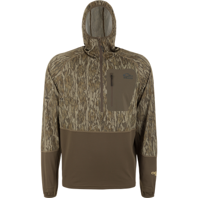 BMF EST Offset 1.0 Quarter Zip Hoodie with camo upper and solid brown lower, featuring a zippered chest pocket, ergonomic thumbholes, and a half-length front zipper.