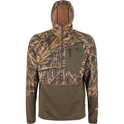 Drake BMF EST Offset 1.0 Quarter Zip Hoodie with camo design, built-in mesh face mask, zippered chest pocket, and ergonomic thumbholes, ideal for hunting comfort and performance.