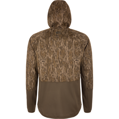 Back view of the MST Offset 2.0 Half Zip Hoodie in woodland camo, featuring ergonomic design, moisture-wicking, and UPF50 protection, ideal for outdoor adventures.