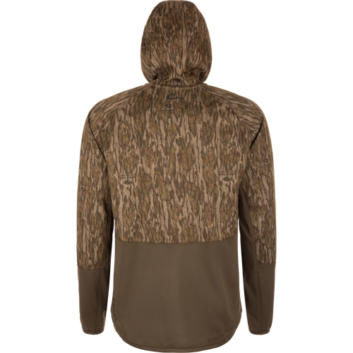 Back view of the MST Offset 2.0 Half Zip Hoodie in woodland camo, featuring ergonomic design, moisture-wicking, and UPF50 protection, ideal for outdoor adventures.