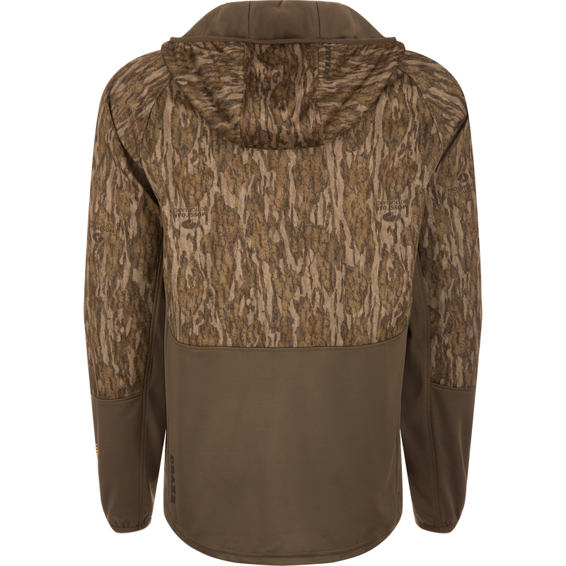 MST Offset 2.0 Half Zip Hoodie, featuring a Mossy Oak Bottomland camo upper and olive-brown lower, designed for comfort and functionality with multiple pockets.